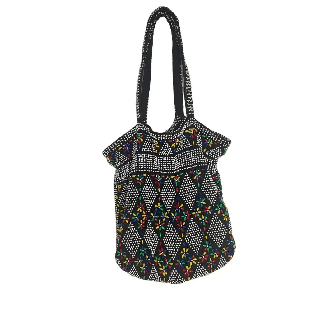 Vintage 70s Candy Dot Drawstring Purse Micro Beaded Mr Jonas Made in Hong Kong